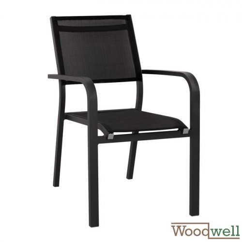 Eros, Stuhl aus schwarzem Aluminiumrahmen und schwarzem Textilstoff