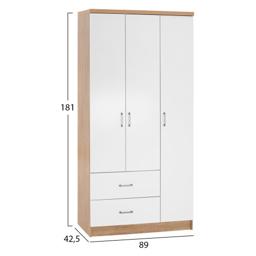 CAESAR SONAMA 3-FLÜGELIGER SCHRANK MIT 2 SCHUBLADEN - WEISS 89x42,5x181 cm. CAESAR SONAMA 3-FLÜGELIGER SCHRANK MIT 2 SCHUBLADEN - WEISS 89x42,5x181 cm.