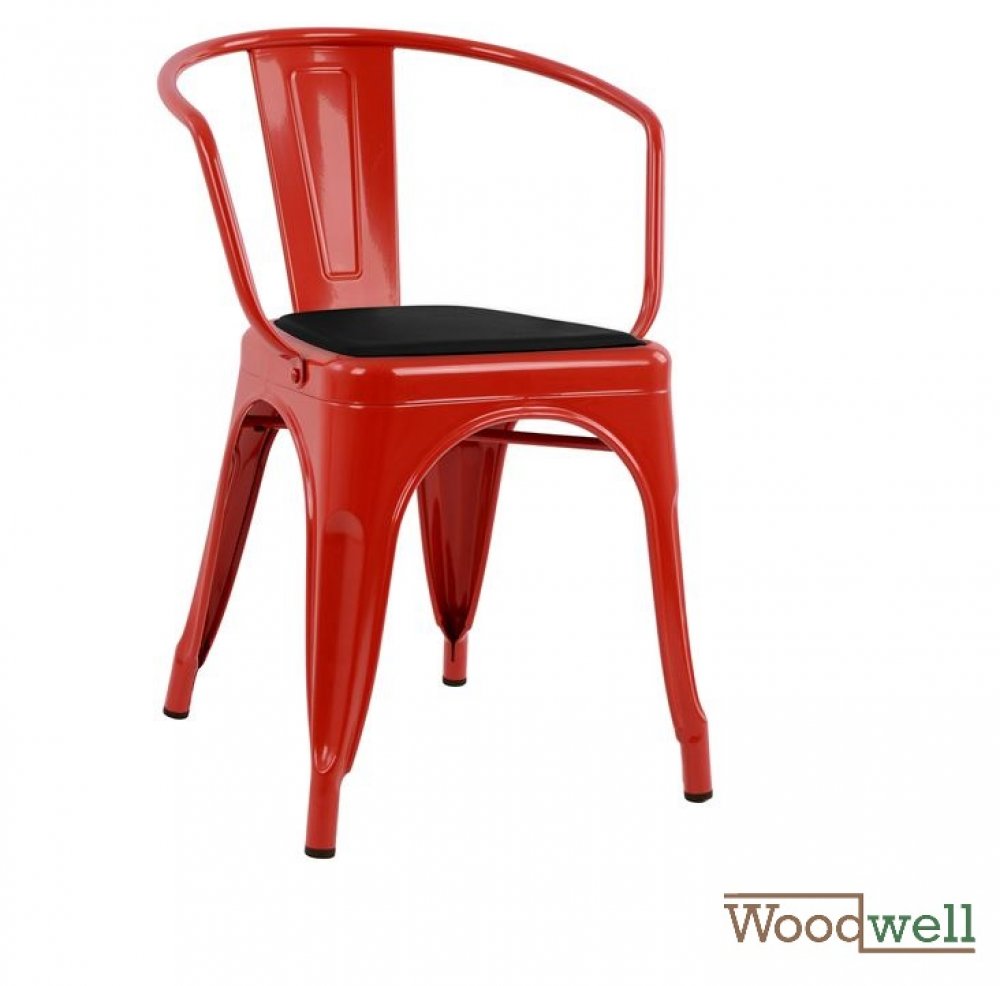 Antiker roter Stuhl RELIX, mit Armlehnen im Industrie Design und Sitzpolsterung in schwarz - Kopie