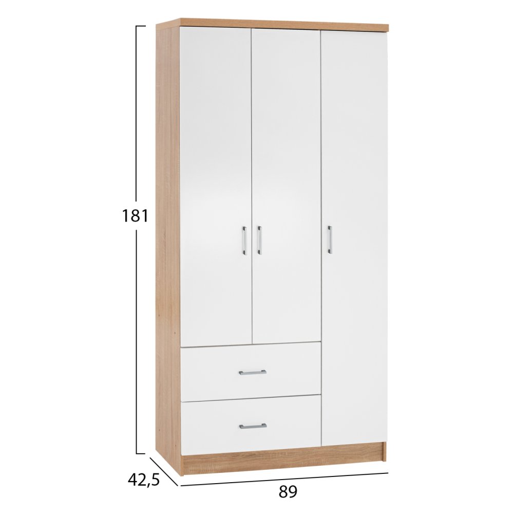 CAESAR SONAMA 3-FLÜGELIGER SCHRANK MIT 2 SCHUBLADEN - WEISS 89x42,5x181 cm.