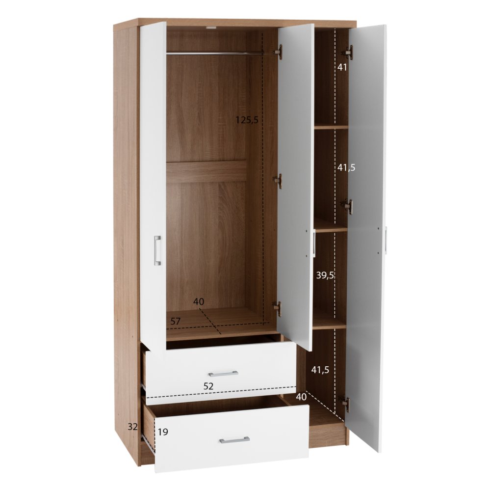 CAESAR SONAMA 3-FLÜGELIGER SCHRANK MIT 2 SCHUBLADEN - WEISS 89x42,5x181 cm. CAESAR SONAMA 3-FLÜGELIGER SCHRANK MIT 2 SCHUBLADEN - WEISS 89x42,5x181 cm.