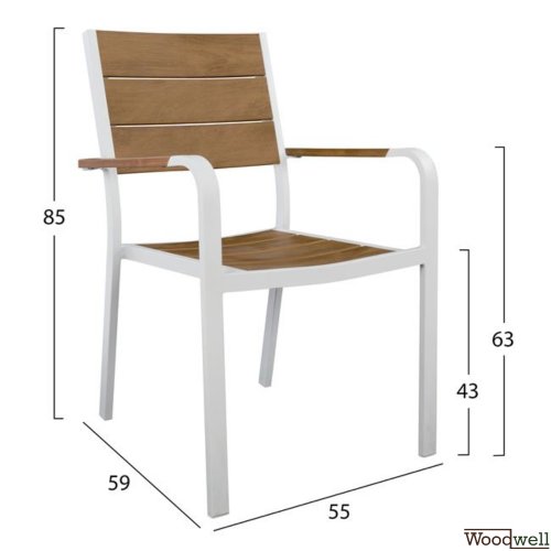 5 Stk. Esstisch-Set Tisch mit weißem Aluminiumrahmen und Polywood-Oberfläche + 4 Sessel aus Aluminiumrahmen in weißer Farbe mit Sitzfläche, Armlehnen und Rückenlehne aus Polywood-Material in Naturholz