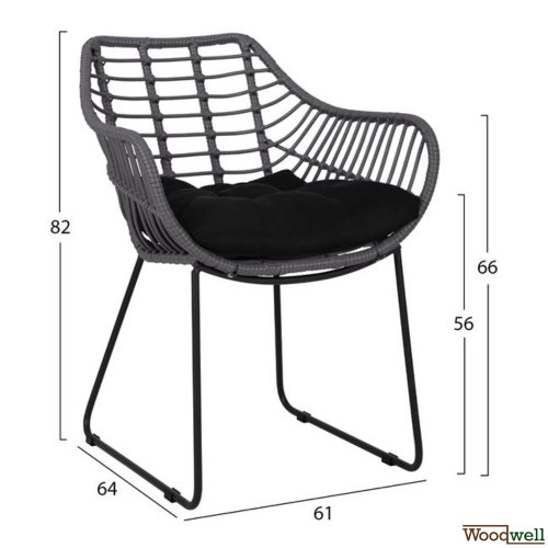 Modern outdoor armchair made of solid metal frame in black and lined with knitted basket in gray