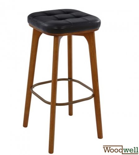 Wooden bar chair in brown color and black leatherette