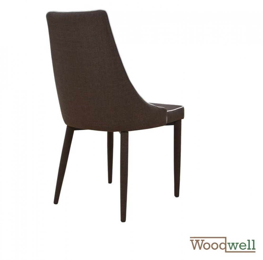 Modern shell chair covered with brown fabric and white edge