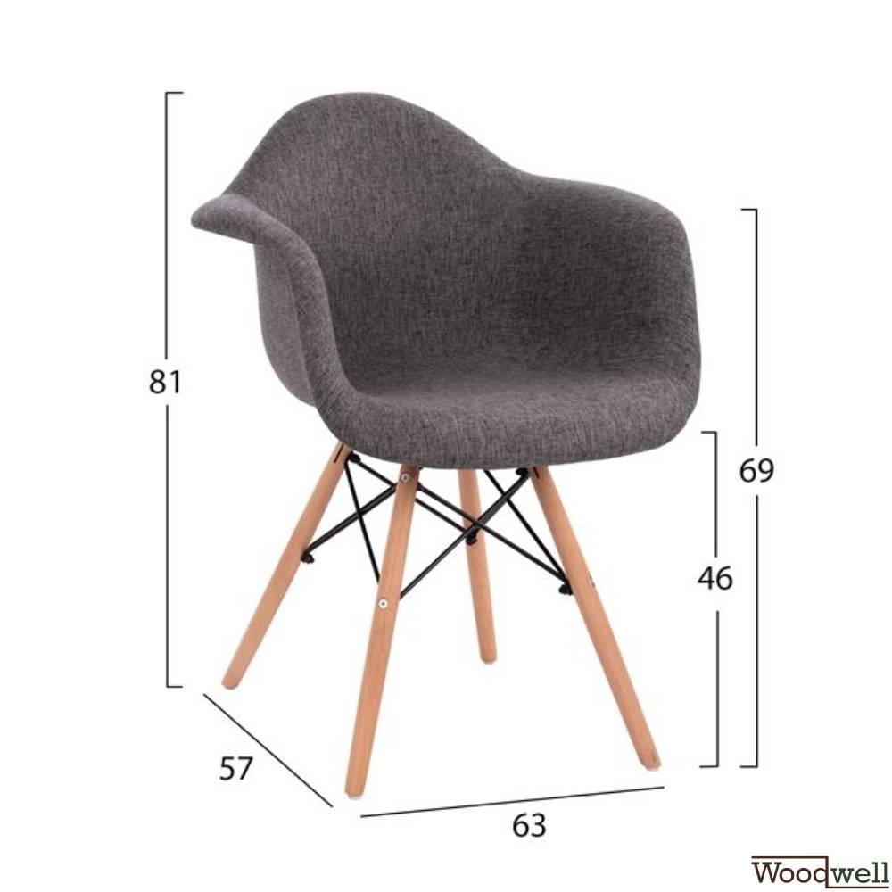 Designer shell chair MITRO with armrests and gray fabric seat