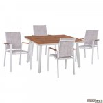 5 pcs. Dining table set table with white aluminum frame and polywood surface + 4 MILLER aluminum armchairs with white frame and gray textline seat