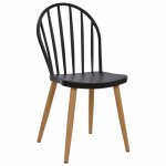 Modern Dining Chair with metal legs in natural wood finish, in black