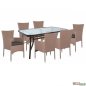 Preview: Metal dining table with six wicker armchairs in brown mocha color