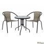 Preview: Outdoor-Esstisch-Set mit 1 Metall-Außentisch in grau-anthrazitfarbener Farbe mit eingebautem Sicherheitsglas |  2 Sessel mit hellgrauem Weidenkunststoff bezogen