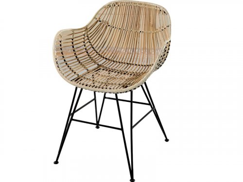 Natural rattan armchair with black metal legs