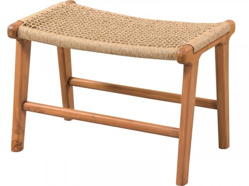 Massiver Teakholzhocker mit überzogenem Rattan in einem natürlichem Braun