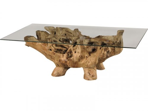 Coffee table made of solid suar wood with a glass surface