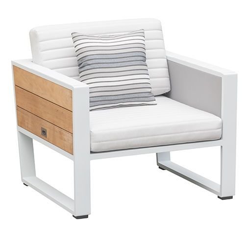 Outdoor Lounge Set "York" in weißem Aluminiumrahmen und Teakholz Elementen und weißem Polster mit 3-Sitzer Sofa