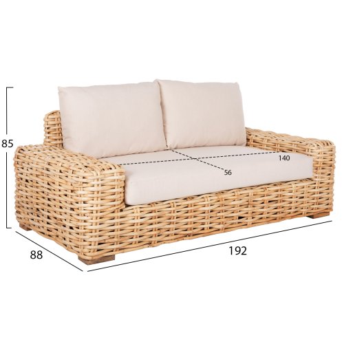 OUTDOOR-SOFA 2-SITZER MANGOHOLZ IN NATURFARBE-WEIßE KISSEN 192x88x70-85