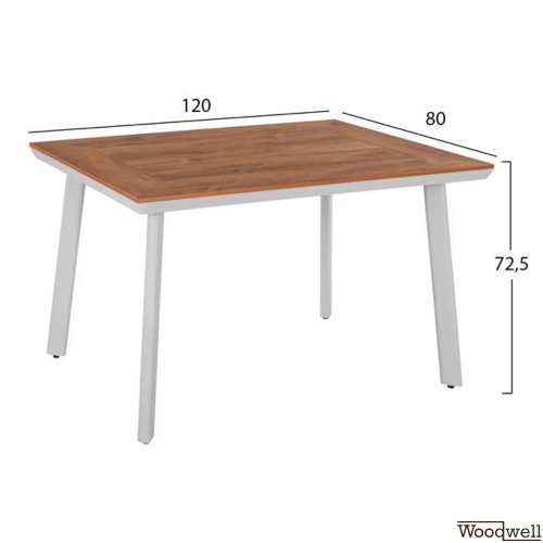 5 Stk. Esstisch-Set Tisch mit weißem Aluminiumrahmen und Polywood-Oberfläche + 4 Sessel aus Aluminiumrahmen in weißer Farbe mit Sitzfläche, Armlehnen und Rückenlehne aus Polywood-Material in Naturholz