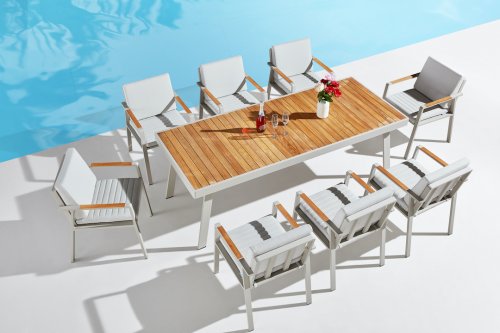 "NOFI" ESSTISCH SET 9-TEILIG AUS ALUMINIUM UND TEAKHOLZ WEIß