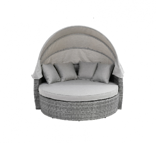 " Daybed" Sonneninsel, Rund-Lounge, 1 Sofa mit klappbarem Dach, 1 Hocker und 1 Tisch.