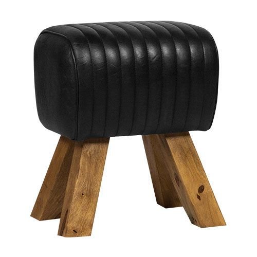 "Elone" stool made of 100% real buffalo leather in black and oak frame