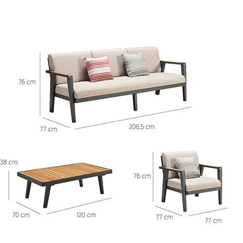 "EMOTI" LOUNGE SET MIT 3-SITZER AUS ALUMINIUM UND TEAKHOLZ SCHWARZ