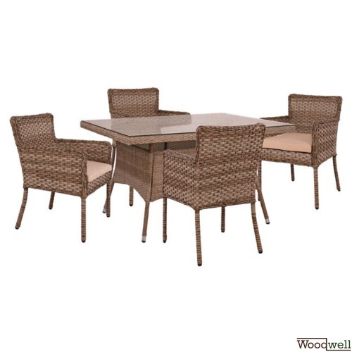 Esstisch-Set 5 Stk. mit Metalltisch 120x70x75 + Sessel Korb-Rattan-Futter in Braun