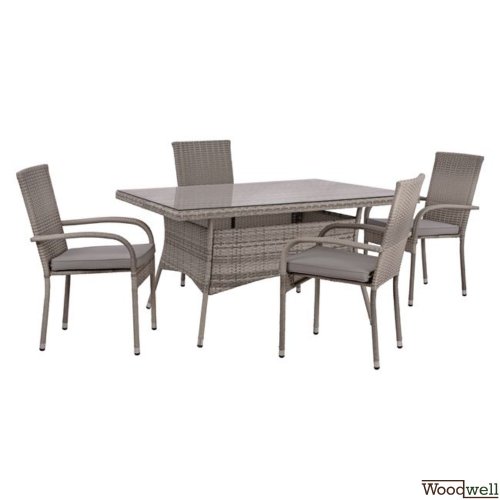 Esstisch-Set 5 Stk. mit Metalltisch + Stühle Korb-Rattan-Futter in Grau Ideal für den Außenbereich