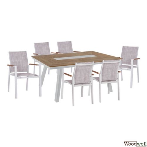 Esstisch-Set 7 Stk. in weißer Farbe | Polywood Tisch | Miller-Sessel aus Aluminiumrahmen
