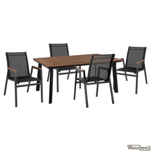 Dining table set with table made of a gray polywood surface + armchair in gray tone and fabric in black color