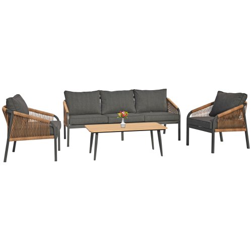 OUTDOOR-LOUNGE-SET 4-teilig ANTHRAZIT ALUMINIUM-PE-TWIST-SEIL-ANTHRAZIT-KISSEN