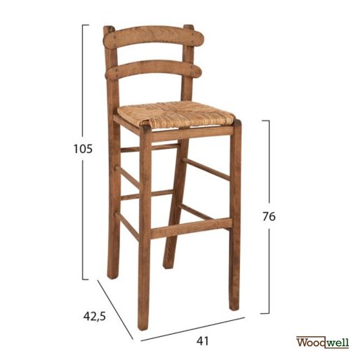 Hocker aus massivem Buchenholz mit Strohsitz in Farbe Walnuss