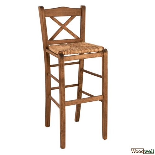 Hocker mit Kreuzrücken und Strohsitz aus massivem Buchenholz in Farbe Walnuss