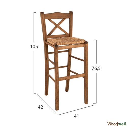 Hocker mit Kreuzrücken und Strohsitz aus massivem Buchenholz in Farbe Walnuss