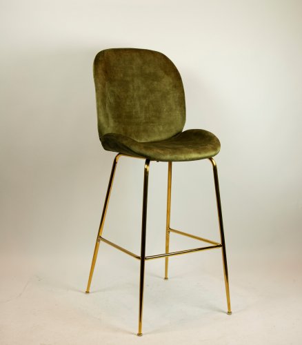 "Judi Low" bar stool made of olive green velvet and metal frame