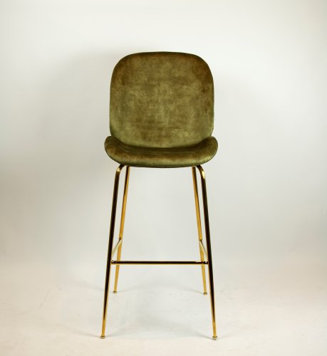 "Judi Low" bar stool made of olive green velvet and metal frame