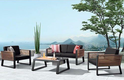 Outdoor-Set "New York" mit 2-Sitzer-Sofa schwarz Aluminium und Teakholz