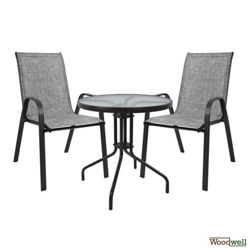 Outdoor-Esstisch-Set mit 1 Metall-Außentisch in grau-anthrazitfarbener Farbe mit eingebautem Sicherheitsglas | 2 Sessel in grau mit textilene