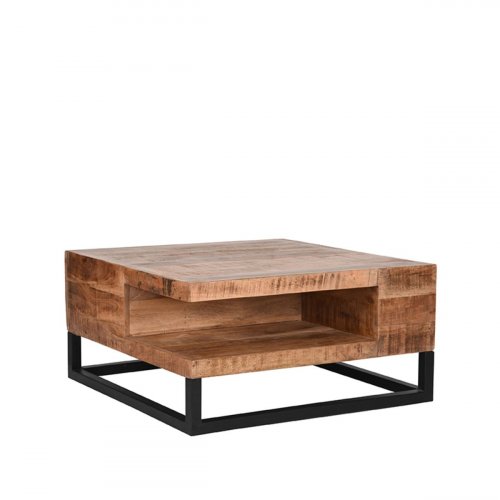Couchtisch Cube 80x80x40 cm Raues Mangoholz | Schwarzes Metall