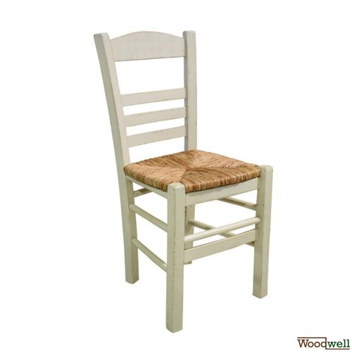 Taverna Stuhl aus Buchenholz mit Patina-Farben in Beige und Strohsitz.