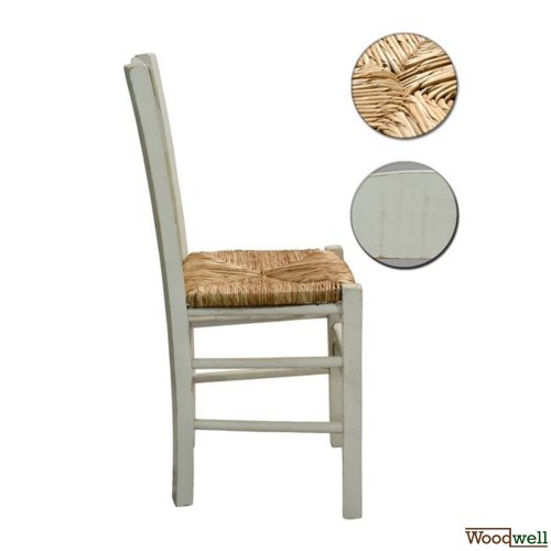Taverna Stuhl aus Buchenholz mit Patina-Farben in Beige und Strohsitz.