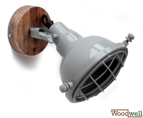 "Grid" wall lamp in light gray and mango wood