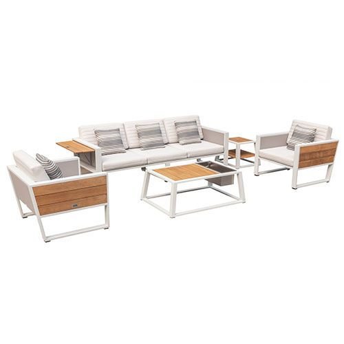 Outdoor Lounge Set "York" in weißem Aluminiumrahmen und Teakholz Elementen und weißem Polster mit 3-Sitzer Sofa