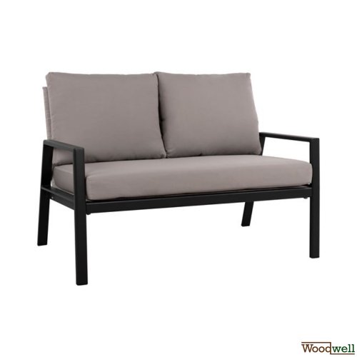 Two-seater sofa with aluminum frame in anthracite color, seat and backrest made of textile fabric and fabric cushions in gray color.