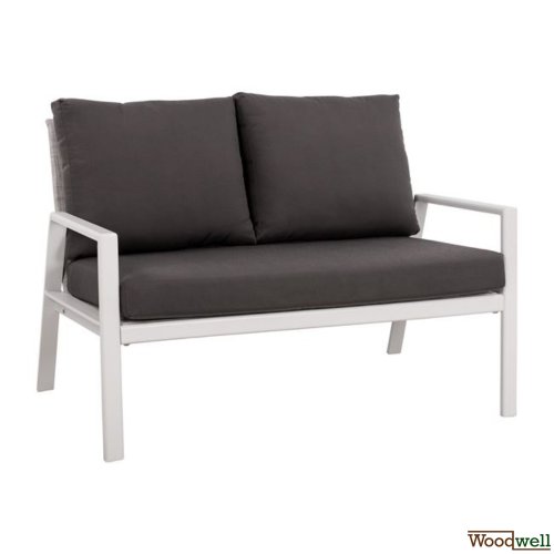 Two-seater sofa with aluminum frame in white color, seat and backrest made of textile fabric and fabric cushion in gray color.