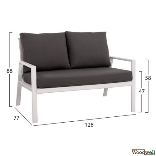 Two-seater sofa with aluminum frame in white color, seat and backrest made of textile fabric and fabric cushion in gray color.