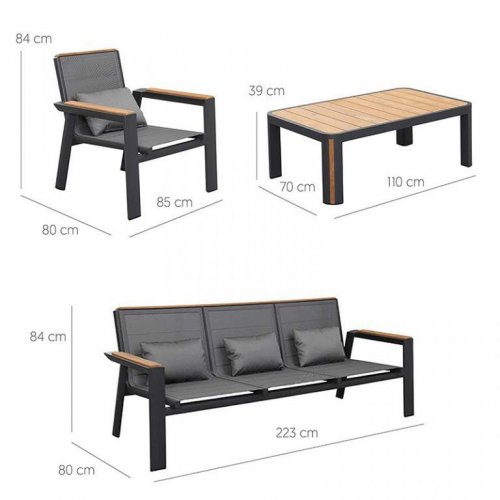 "GENEVA" 3 SEAT LOUNGE SET IN ALUMINUM AND BLACK TEAK