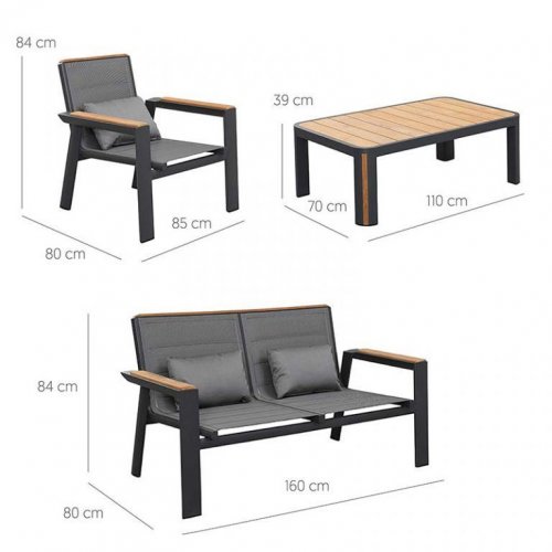 "GENEVA" 2 SEAT LOUNGE SET IN ALUMINUM AND BLACK TEAK