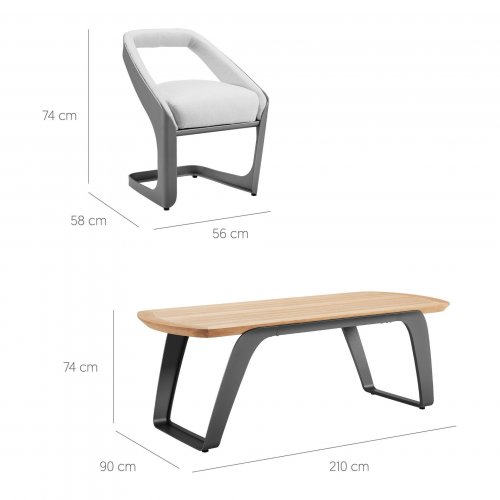 Outdoor Esstisch Set "Onda" 7-teilig aus grauem Aluminiumrahmen und Teakholz