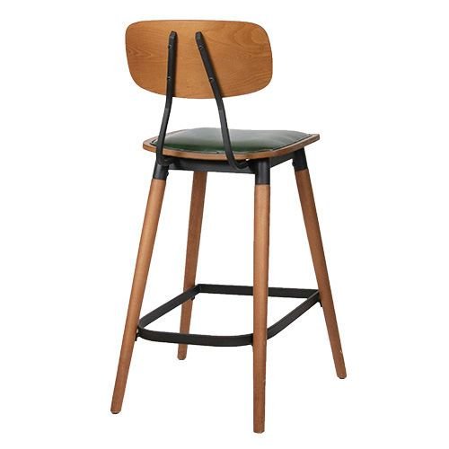 "Studo" bar stool made of green synthetic leather and frame made of oak and metal