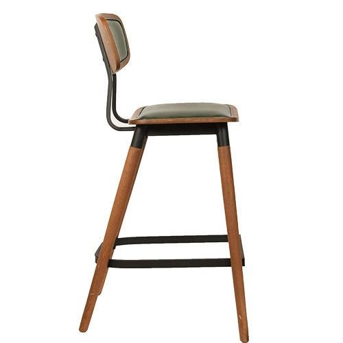 "Studo" bar stool made of green synthetic leather and frame made of oak and metal