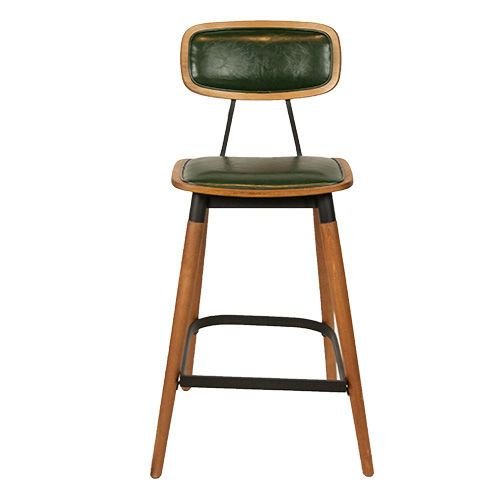 "Studo" bar stool made of green synthetic leather and frame made of oak and metal